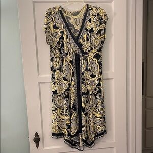 Paisley Wrap Midi Dress in Black and Yellow